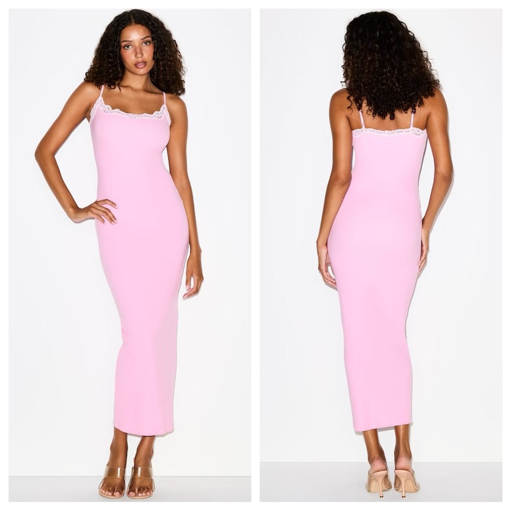 SKIMS Fits Everybody Lace Long Slip Dress in Bubblegum Tonal